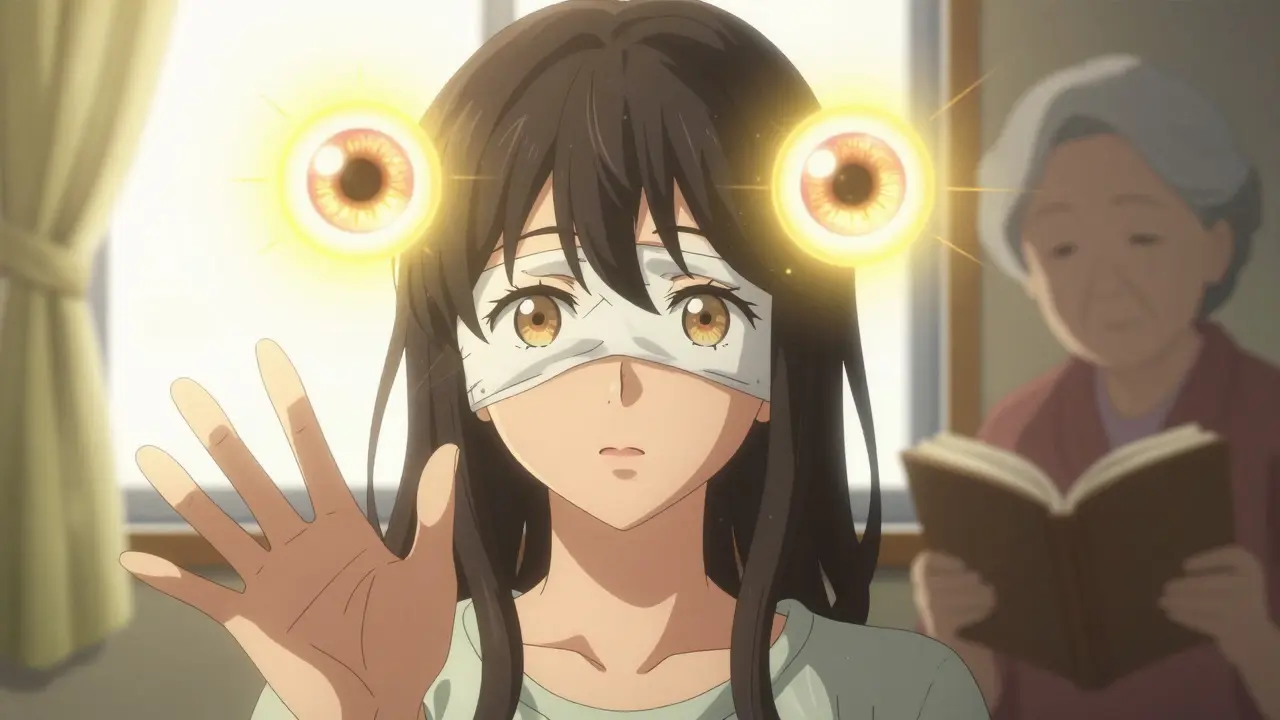 A young woman opening her eyes after surgery, golden light surrounding her as alignment is restored.