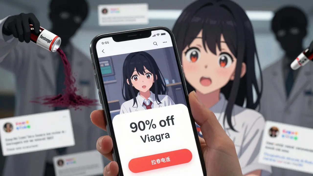 An anime girl clicking a pop-up ad for cheap pills, with shadowy figures mixing dangerous substances behind her.