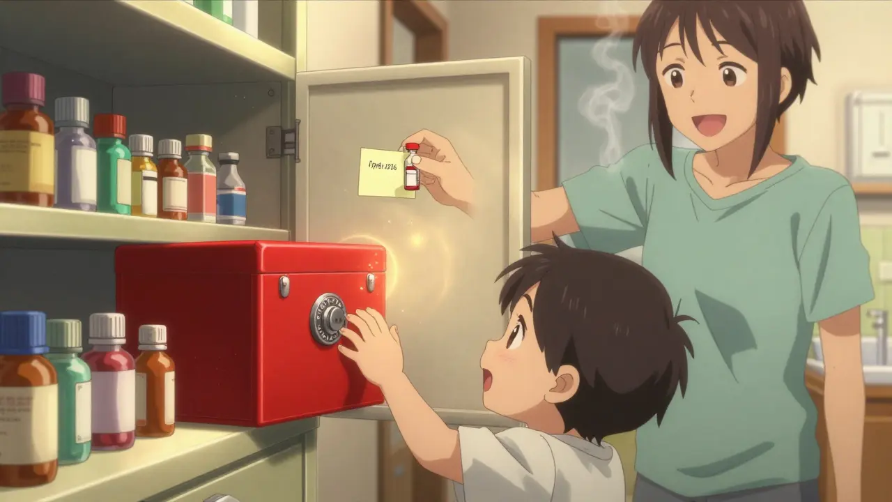 Child reaching for medicine but blocked by a glowing lockbox, adult labeling insulin nearby.