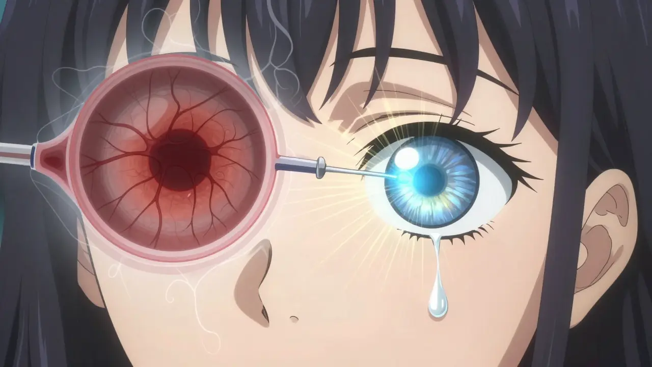 Close-up of an eye receiving an anti-VEGF injection, with glowing light dissolving abnormal blood vessels beneath the retina.