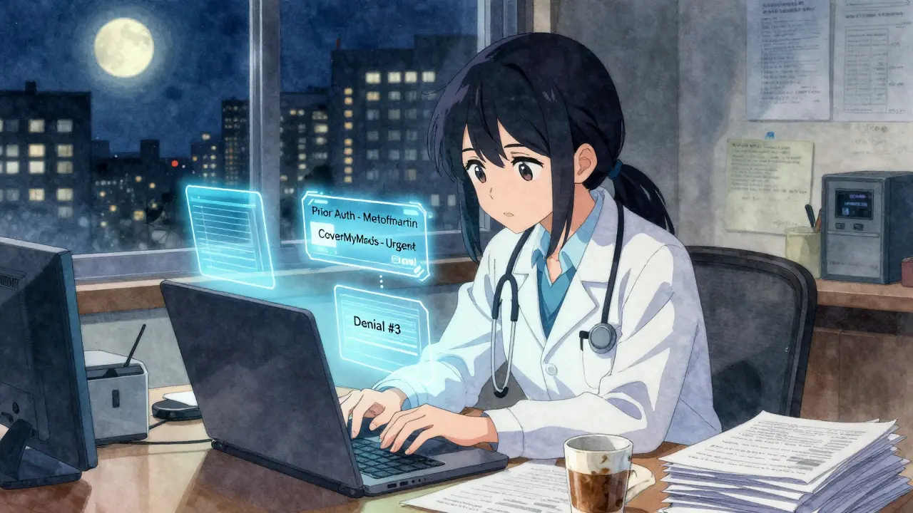 Doctor working late at night surrounded by digital prior authorization forms for generic medications.