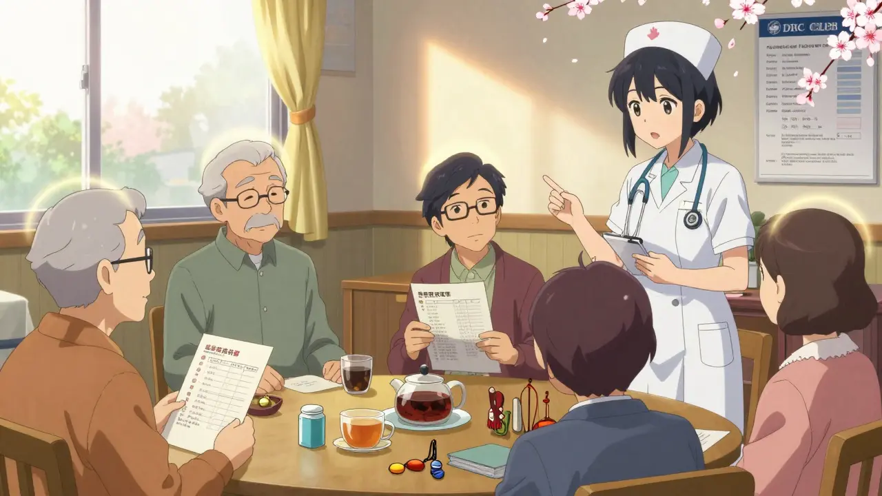 Elderly individuals in a community center reviewing medication lists with a nurse under warm sunlight.