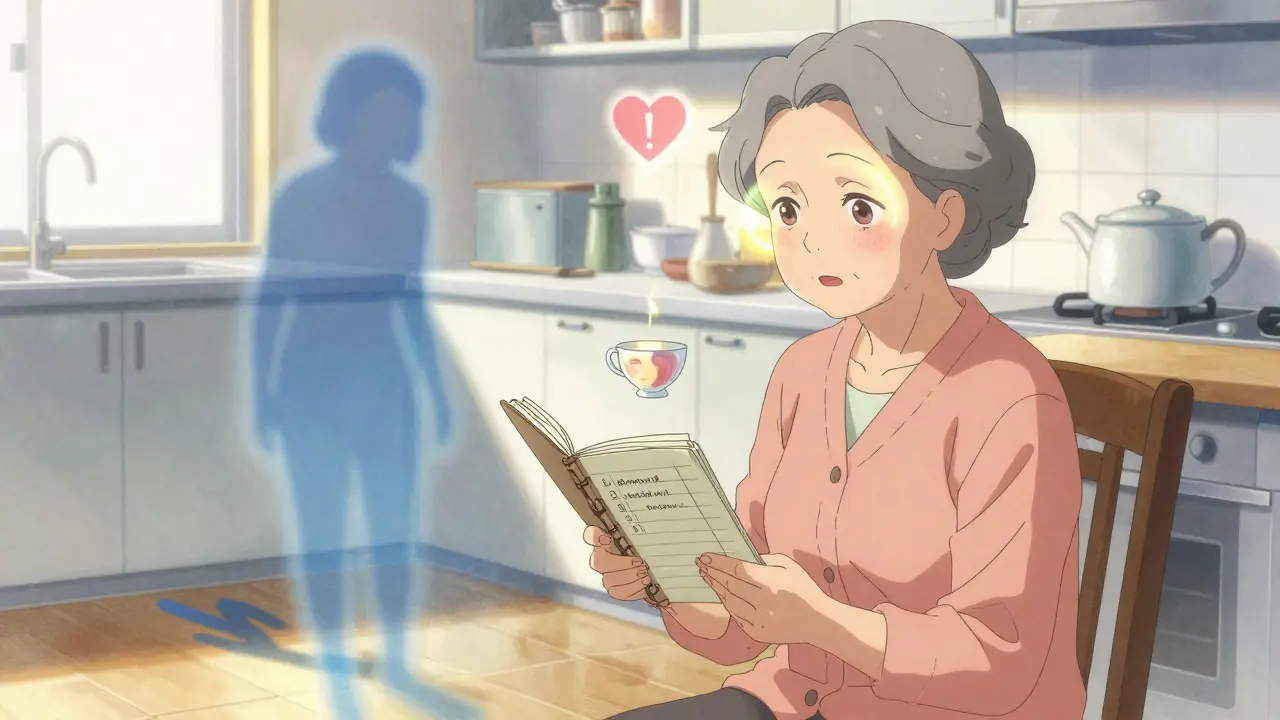 Elderly woman with logbook, spectral warning sign behind her, visual symptoms reflected in teacup.