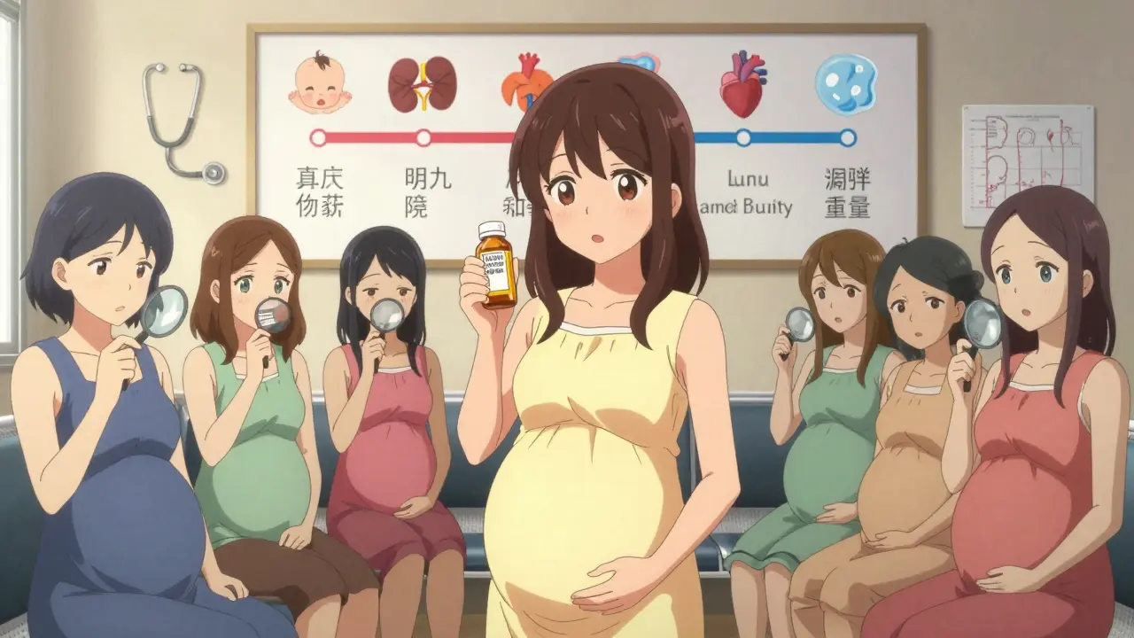 Group of pregnant women in clinic, one confidently holding acetaminophen while others examine medicine labels nervously.