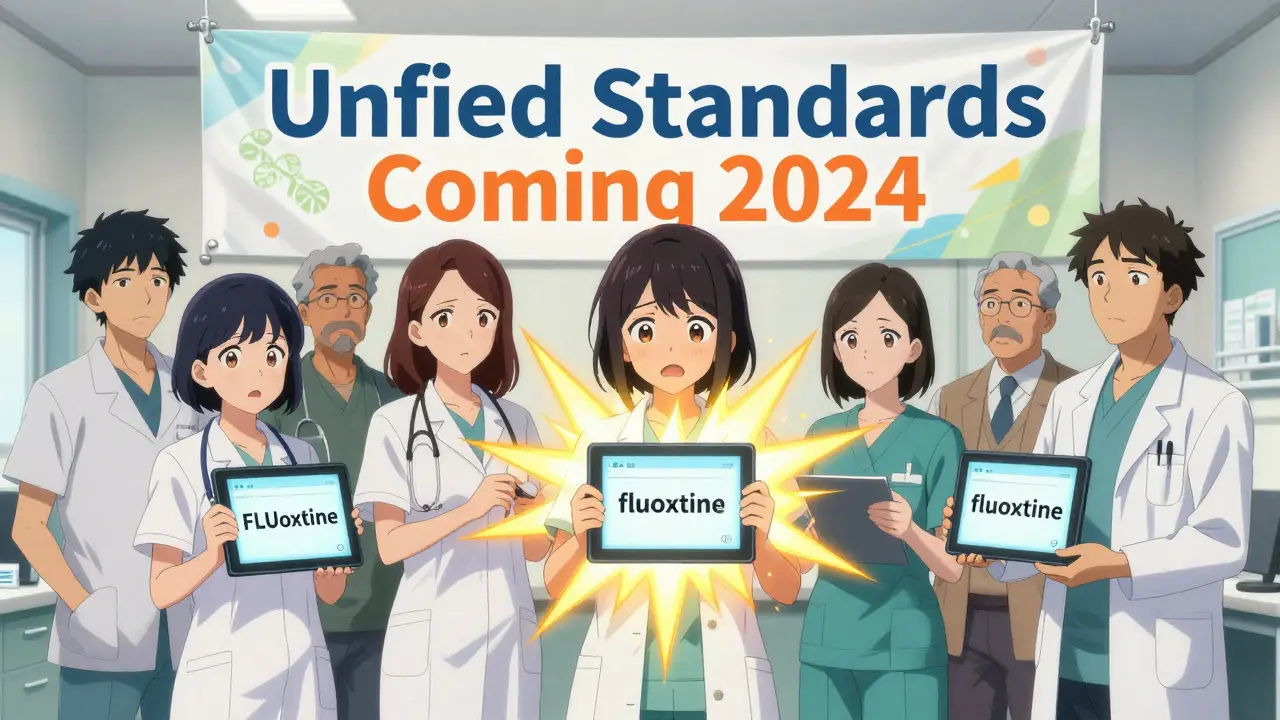 Healthcare workers confused by inconsistent drug labels, with a glowing warning aura between them.