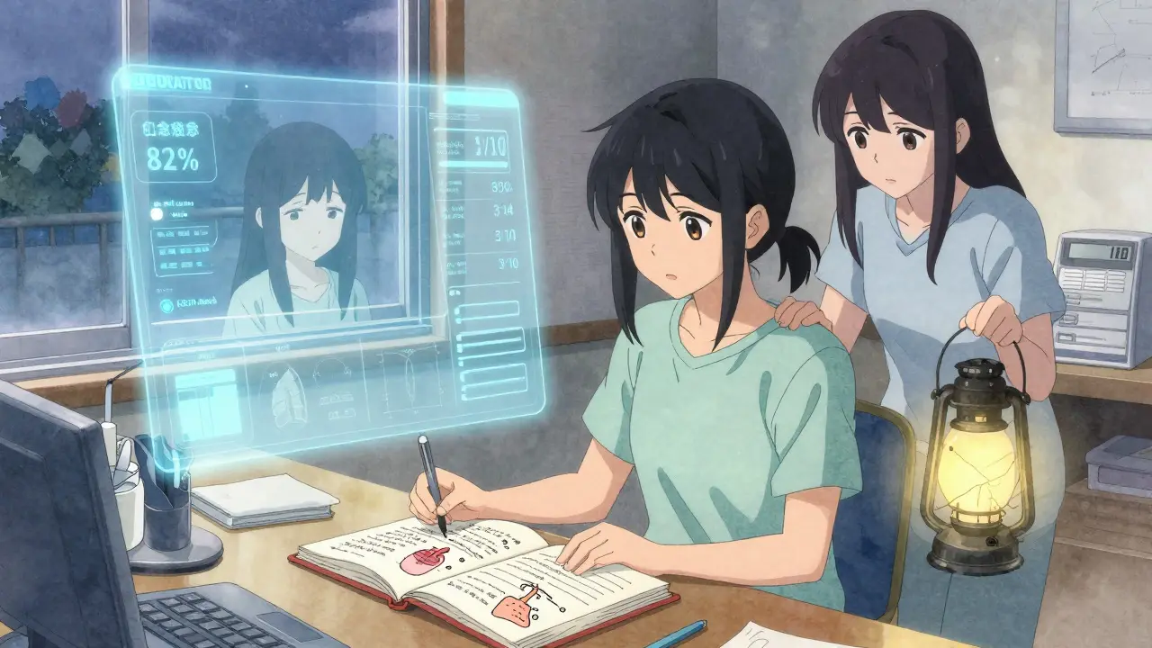 Patient with journal and AI dashboard, her reflection showing past isolation now guided by present hope.