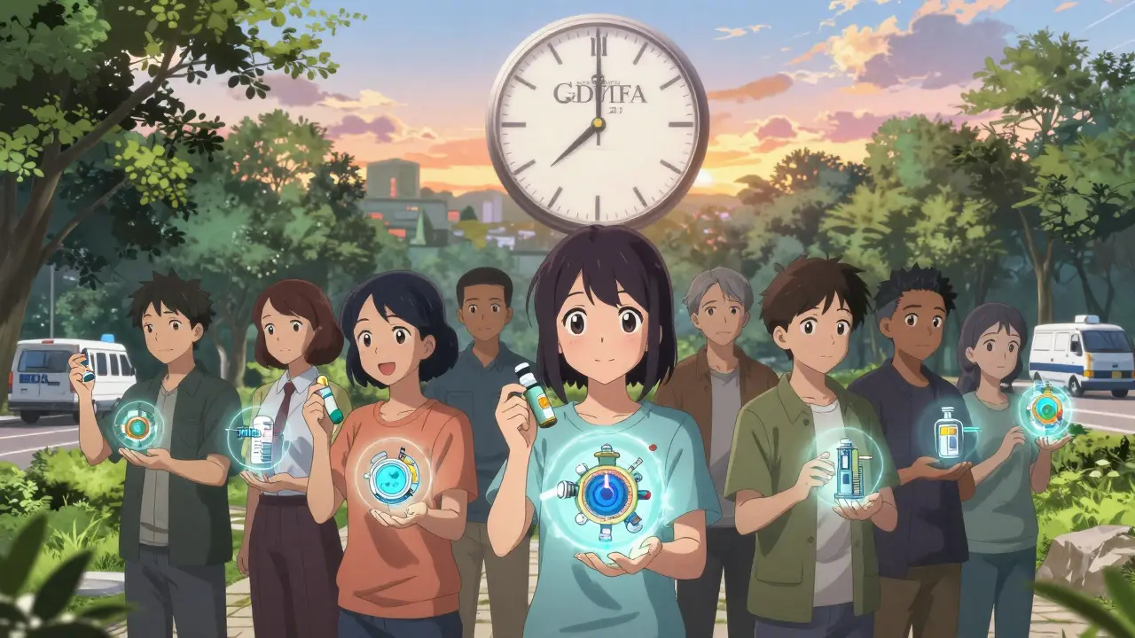 Patients hold various generic drugs as transparent delivery mechanisms float above them, under a sky counting down to 2027.