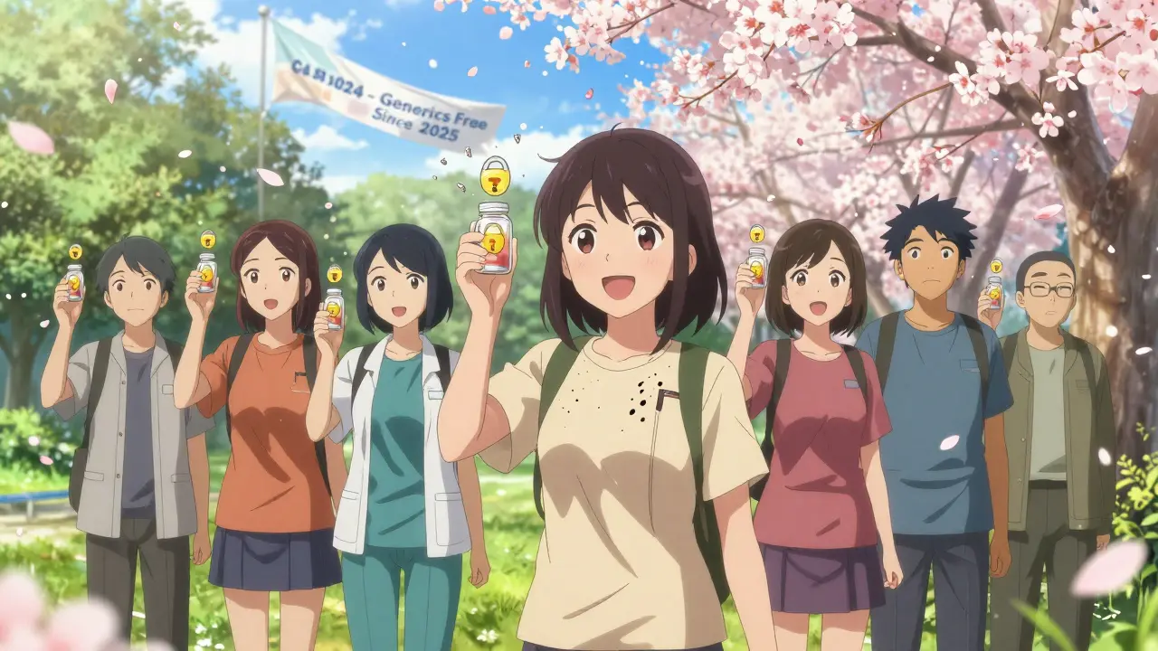 Patients in a park with locked pill bottles, one bottle breaking into petals as reform banner flies above.