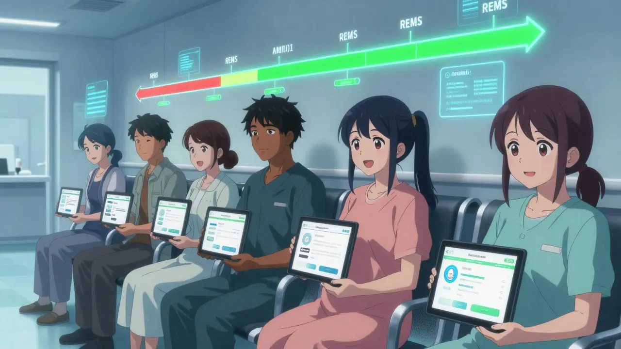 Patients in clinic using tablets to complete REMS requirements with progress timeline above.