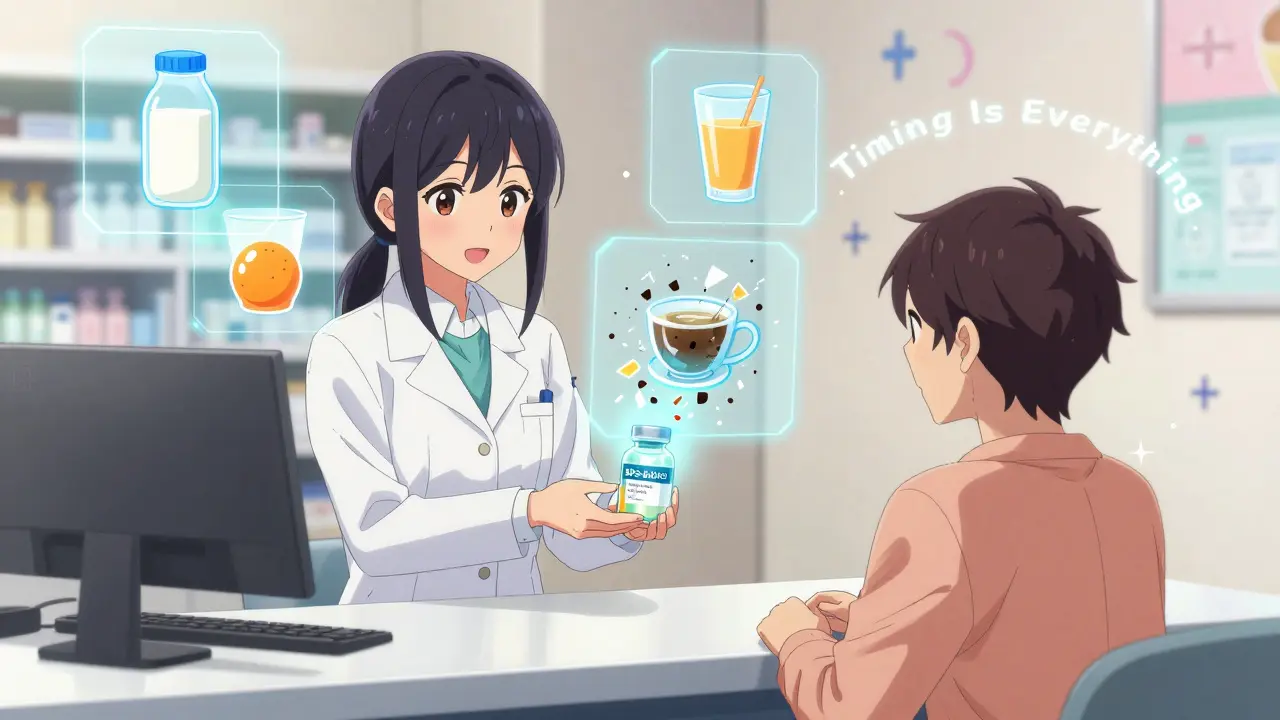 Pharmacist hands patient next-gen bisphosphonate vial as dairy icons shatter into pixels.