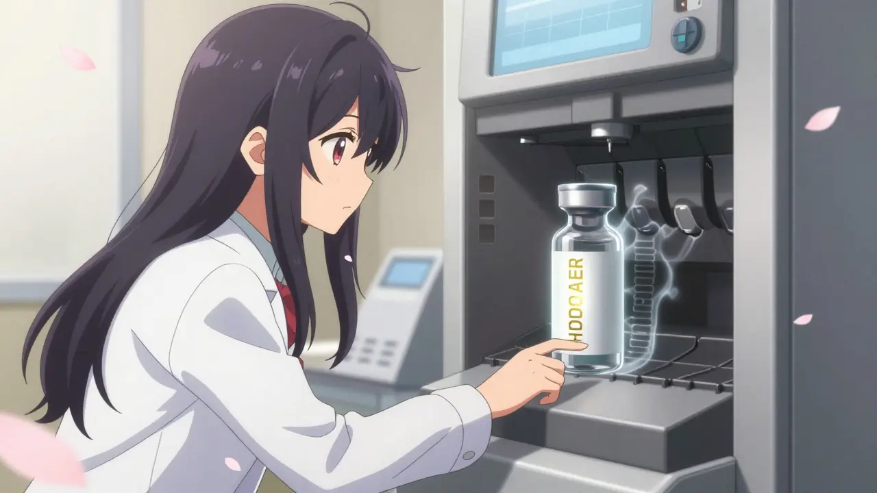 Pharmacist hesitating before a vial labeled HYDROmorphone with a faint ghostly overlay of morphINE.