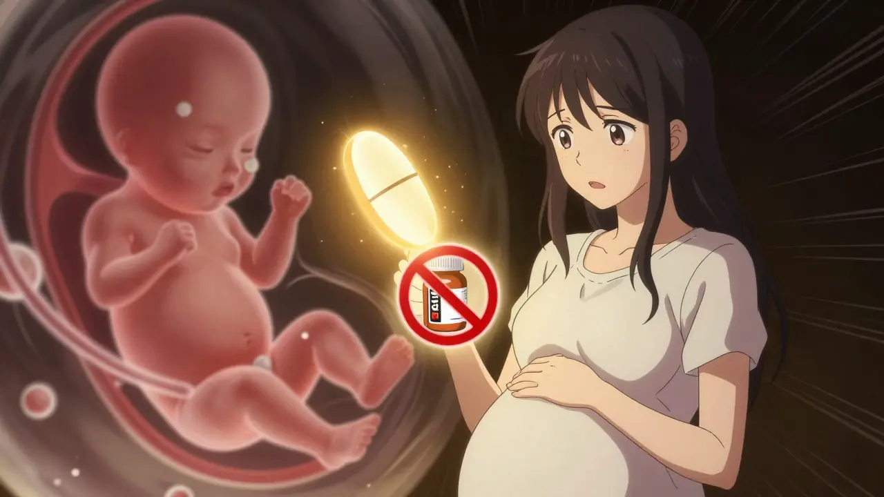 Pregnant woman with red prohibition sign over ibuprofen, glowing acetaminophen tablet and healthy fetus in background.