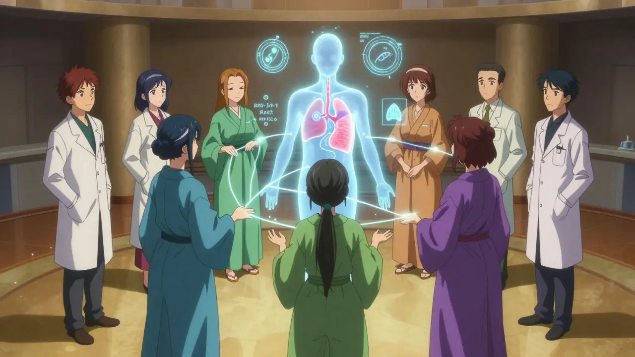 Specialists linked by light threads, guiding a holographic patient with overlapping organ systems.
