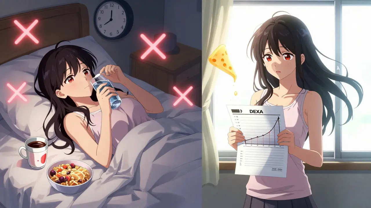 Split scene: woman taking pill at 6 a.m. and later standing with improved bone scan, cheese dissolving.