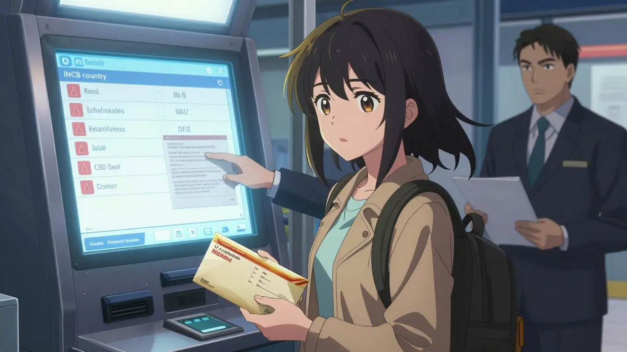 Traveler presenting translated prescription at international customs with digital warning kiosk in background.