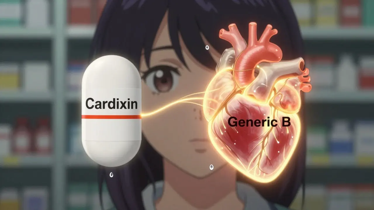 Two digoxin tablets connected by glowing threads to a heart, showing different absorption levels.