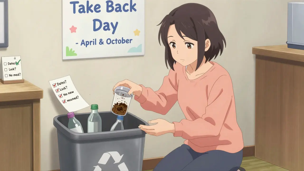 Woman mixing expired pills with coffee grounds in sealed container for safe disposal.