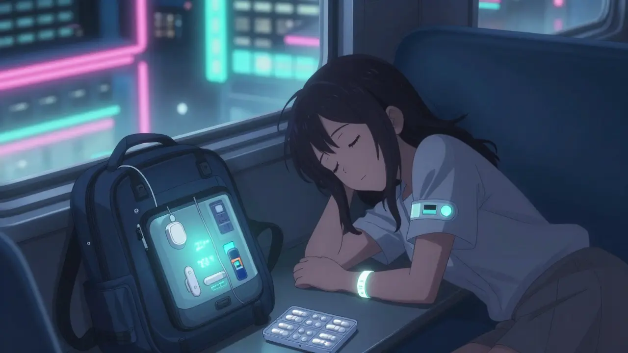 Woman sleeping on train with medical cooling wallet and ID bracelet, city lights glowing outside window.