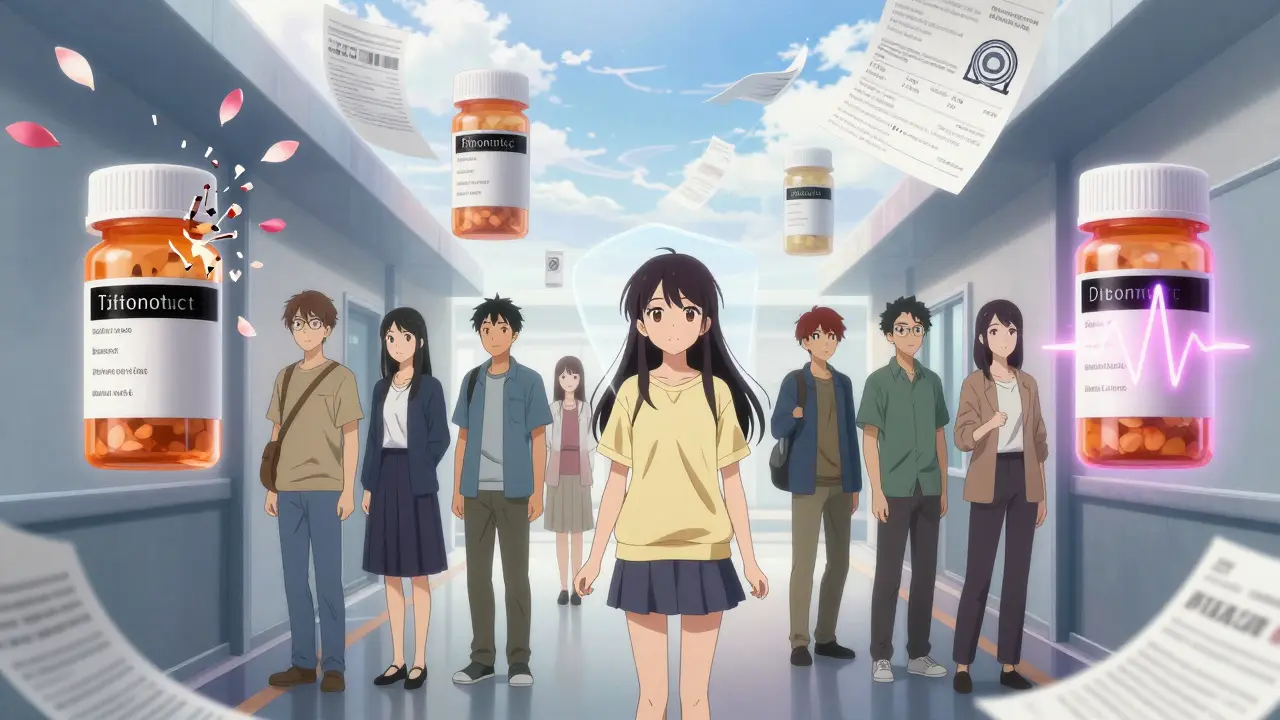 Young adults in a hallway with floating prescription bottles, each displaying black box warnings in different states.