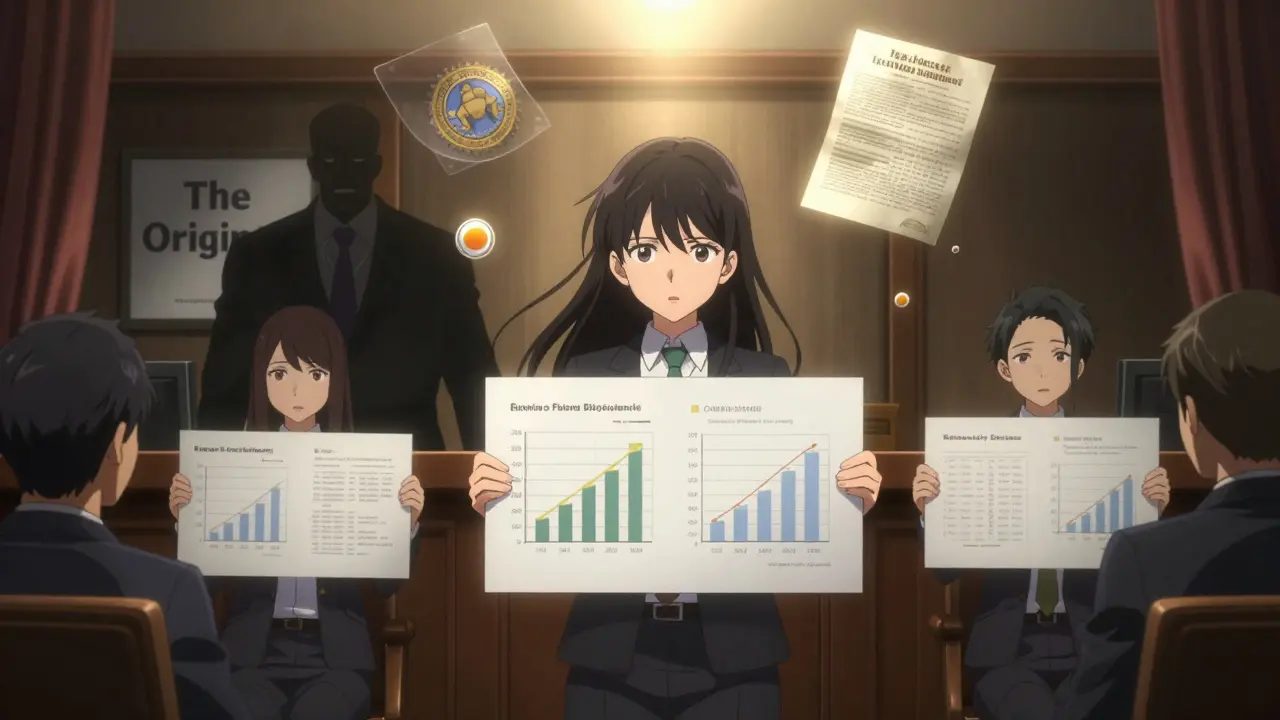 A female generic drug marketer defends her product in court with scientific evidence against a shadowy brand-name executive.