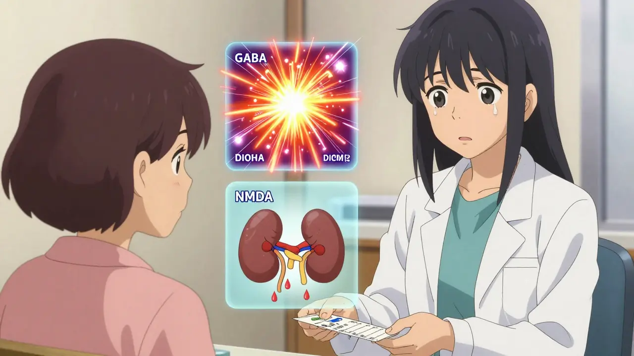 A pharmacist giving a prescription while floating images show neurological and kidney damage pathways.