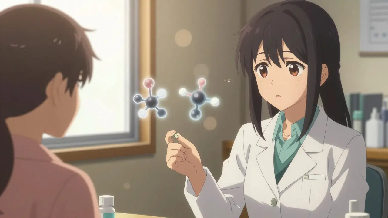 A pharmacist hands a generic pill to a patient in a sunlit clinic, with floating molecular structures symbolizing equivalence.