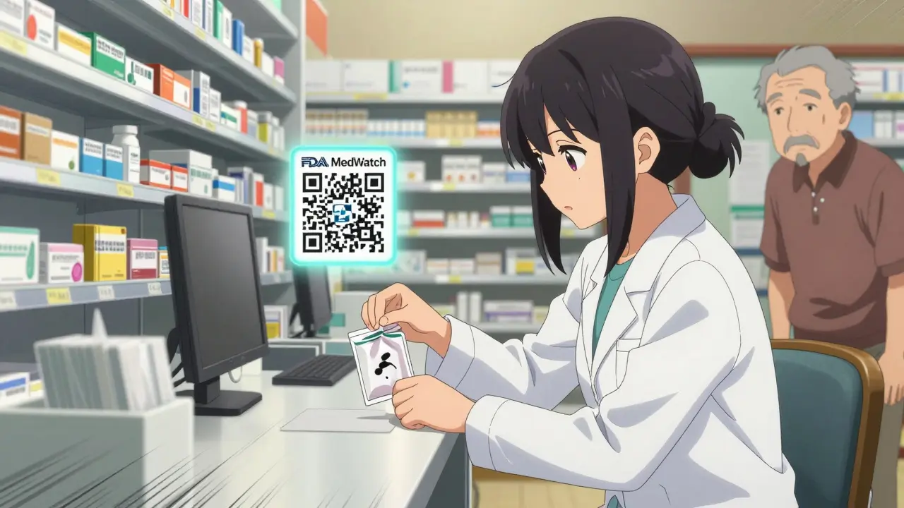 A pharmacist placing a suspicious pill into an evidence bag while an elderly patient watches nearby.