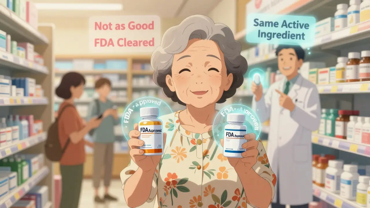An elderly woman in a pharmacy sees a glowing FDA-approved label on a generic pill bottle, dispelling false advertising ghosts.