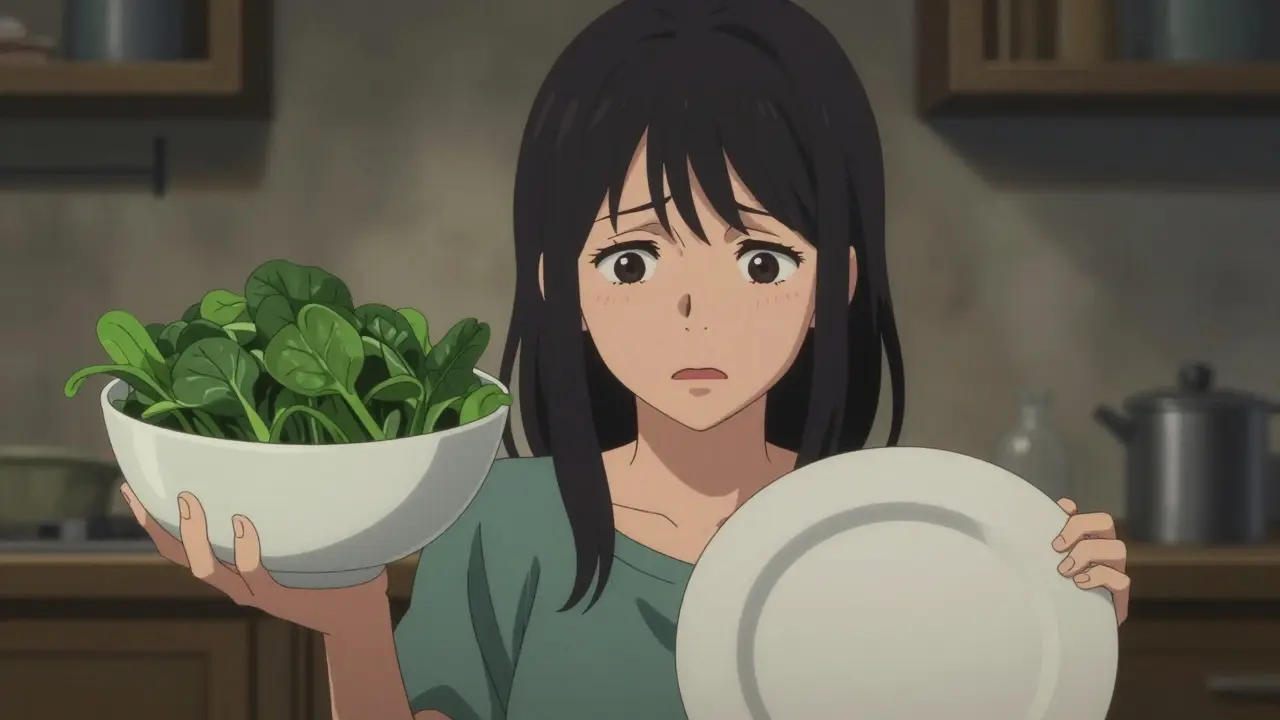 Anxious woman with spinach salad and empty plate showing inconsistent intake.