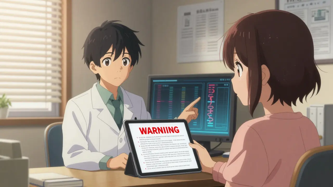 Doctor and patient reviewing a black box warning on a tablet, genetic data visible on screen in soft light.