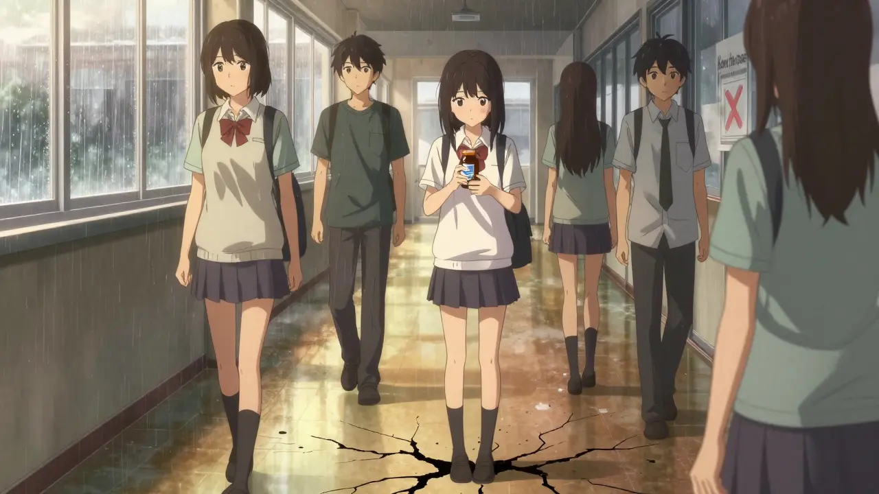 Girl hiding loperamide in vitamin bottle while peers walk away, cracks forming at her feet.