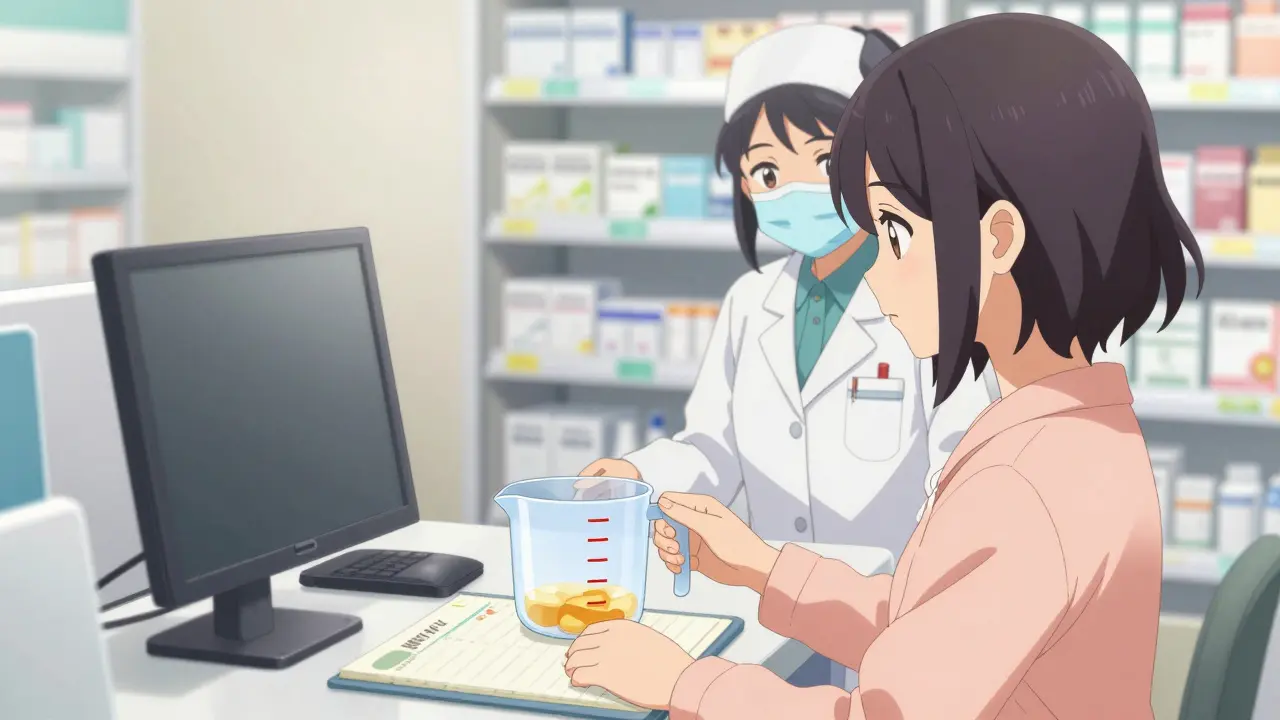 Girl measuring vegetables with cup and checking diary at pharmacy.