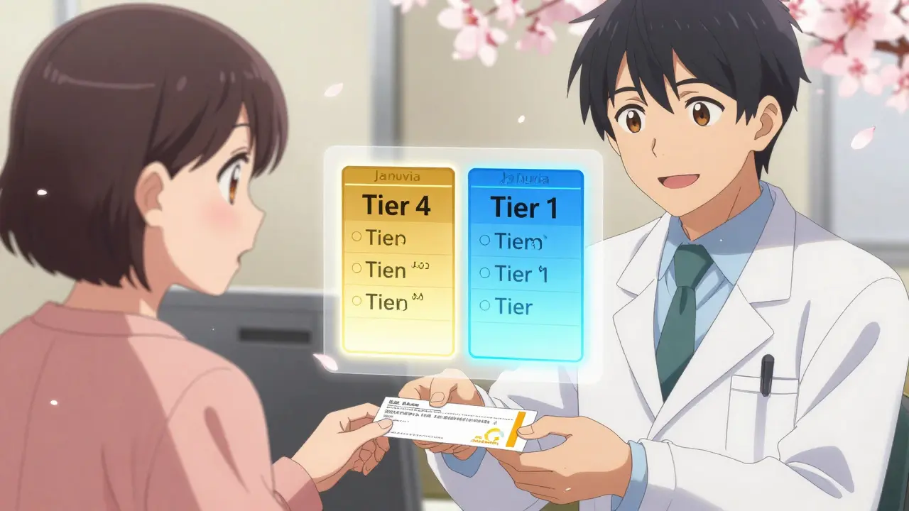 Pharmacist handing a prescription as a formulary overlay shows drastic cost differences between drug tiers.