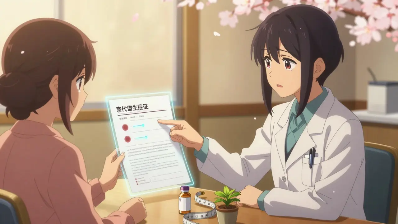 Psychiatrist and patient reviewing metabolic health chart together, with metformin and measuring tape on table.