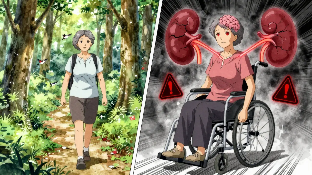 Same woman once healthy hiking, now in a wheelchair with damaged kidneys and brain warning symbols.