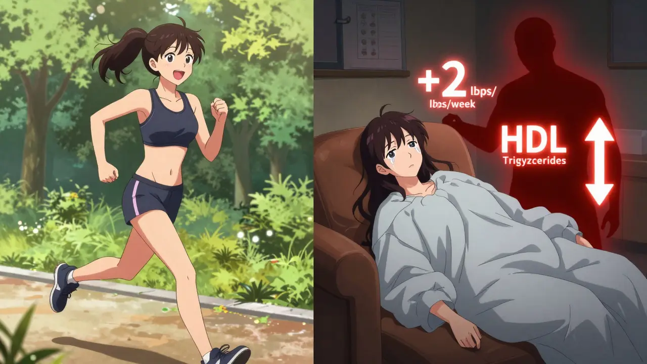 Split image: a healthy woman jogging vs. same person slumped on couch with rising health warnings.