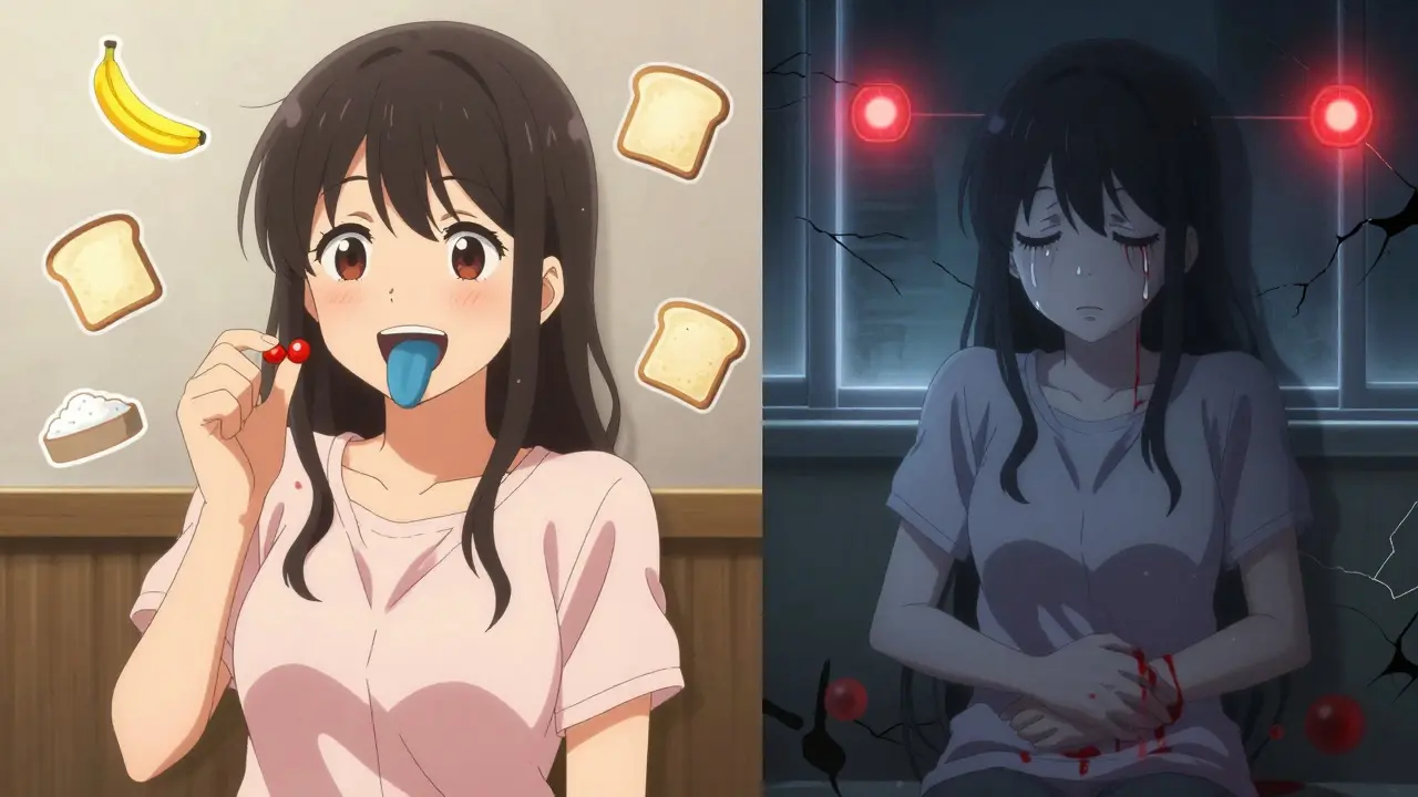 Split scene: a girl taking Pepto-Bismol with normal stool vs. another with bloody stool and emergency lights.