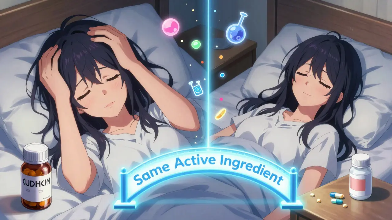 Split scene: one side shows pain with a brand-name bottle, the other shows peace with a generic pill, connected by a glowing bridge labeled 'Same Active Ingredient'.