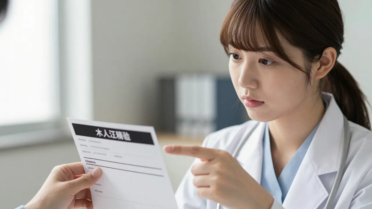 Woman in clinic examining prescription with black border warning section.