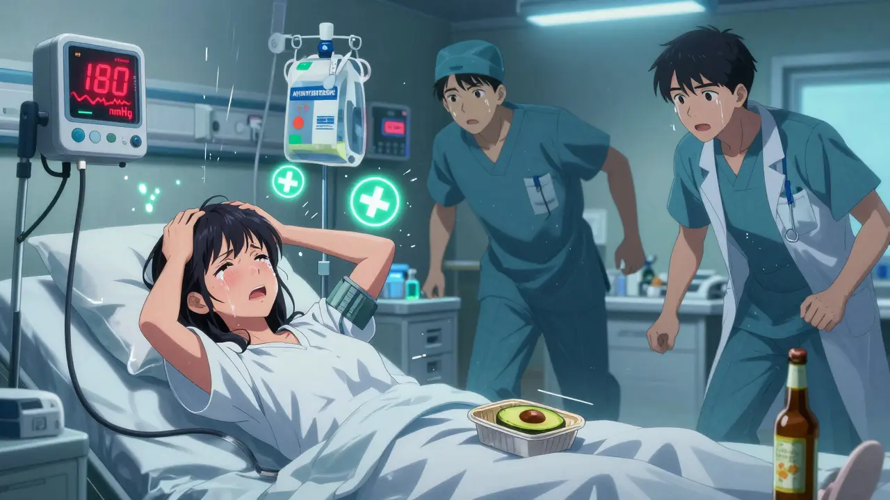 Woman in ER with high blood pressure, doctors rushing as risky foods lie nearby.