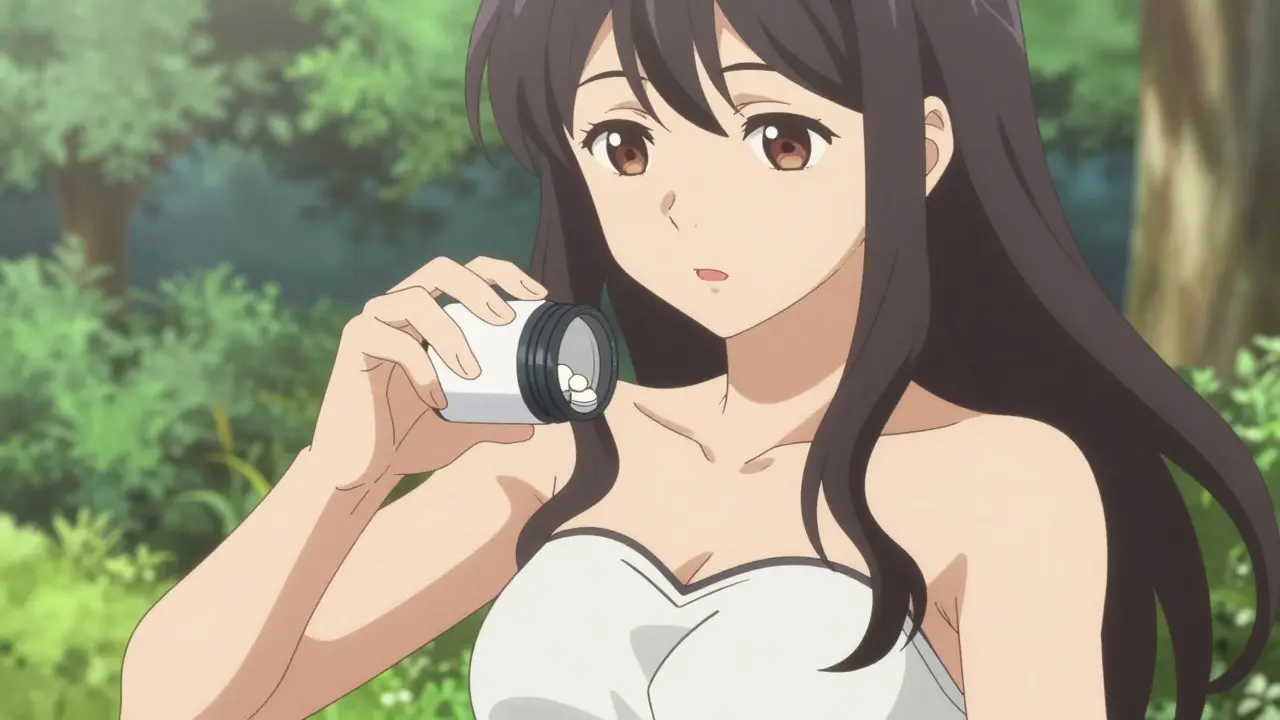 Woman taking pill from bottle with black border and heart symbol outline.