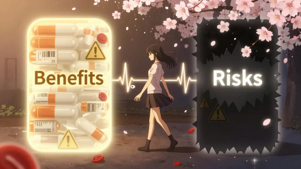 Woman walking through a portal of prescription labels, glowing benefits on one side, shadowed risks on the other.
