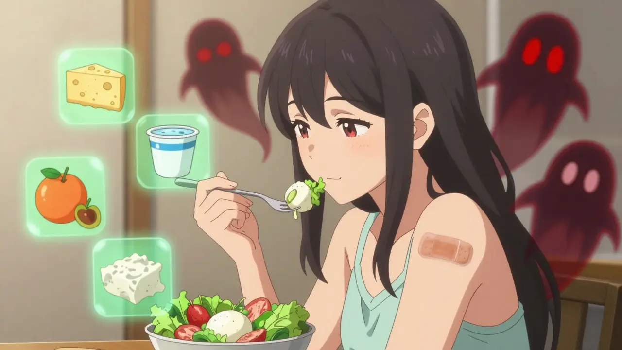 Woman with MAOI patch eats safe food, glowing green symbols around her.