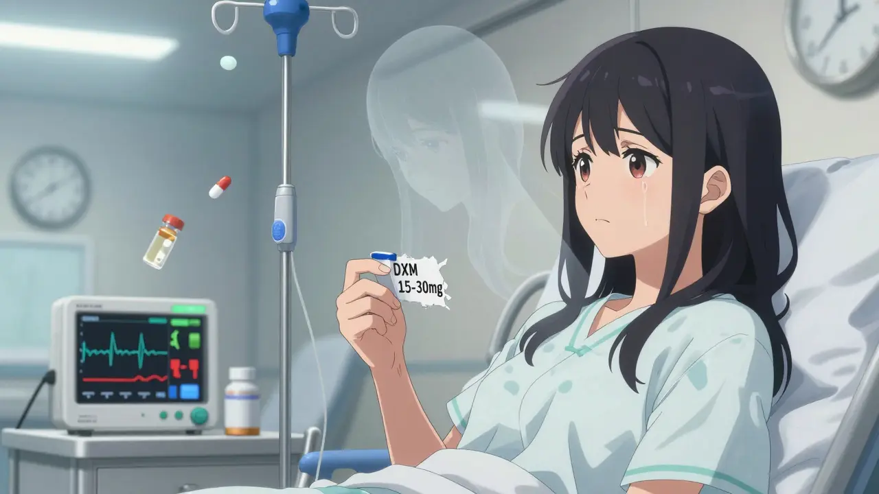 Young woman in hospital with heart monitor spikes, ghostly double floating above, medical equipment visible.