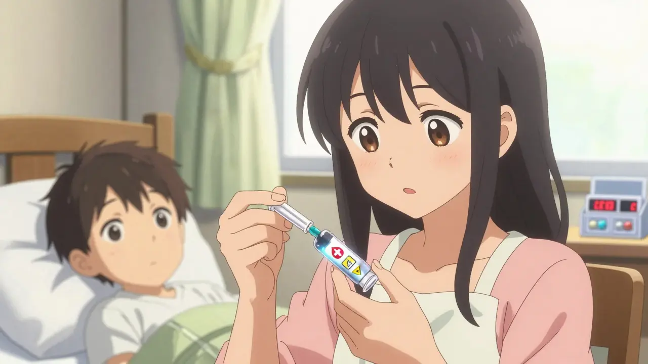A girl uses a dosing syringe to measure medicine while her sibling watches, label icons glowing nearby.