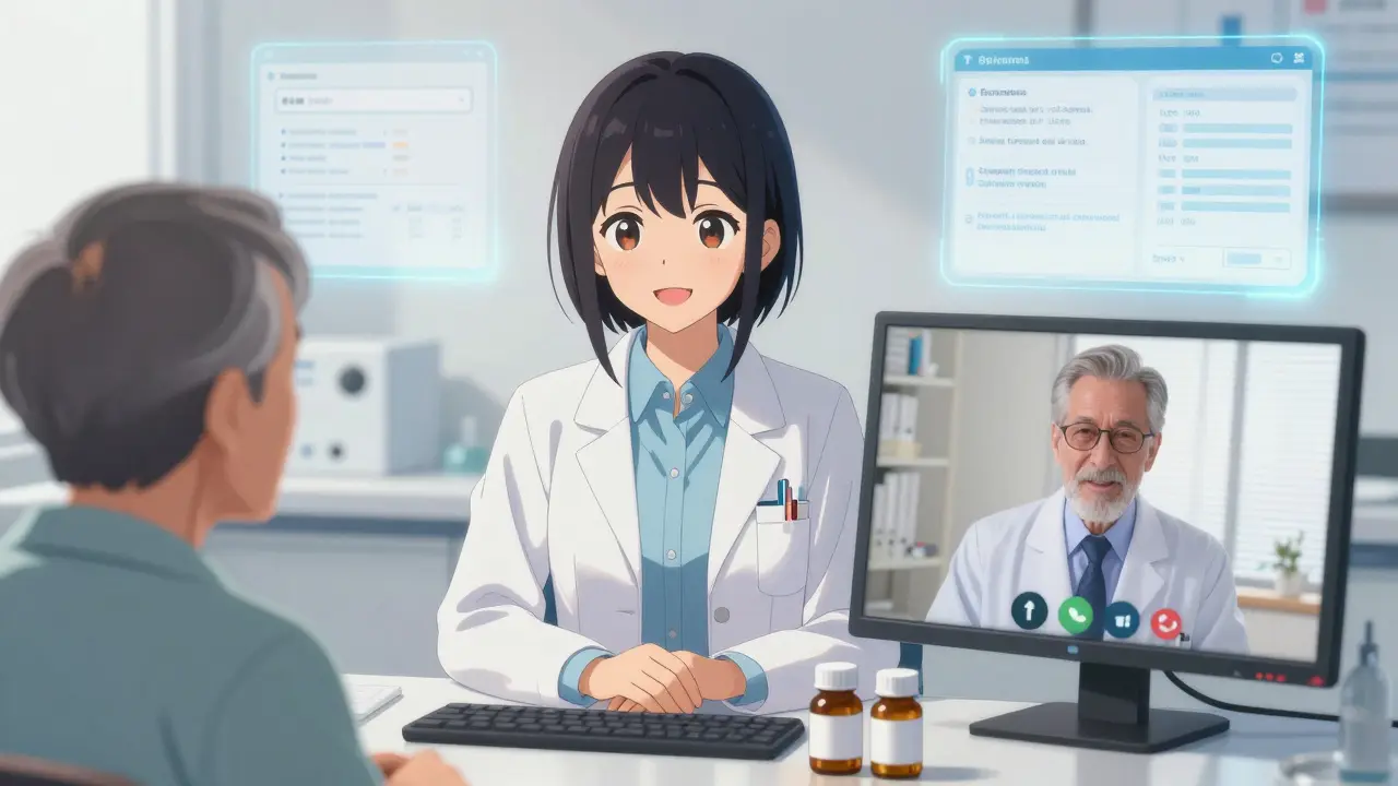 A pharmacist and patient having a video call about medications, with pills visible on the table.