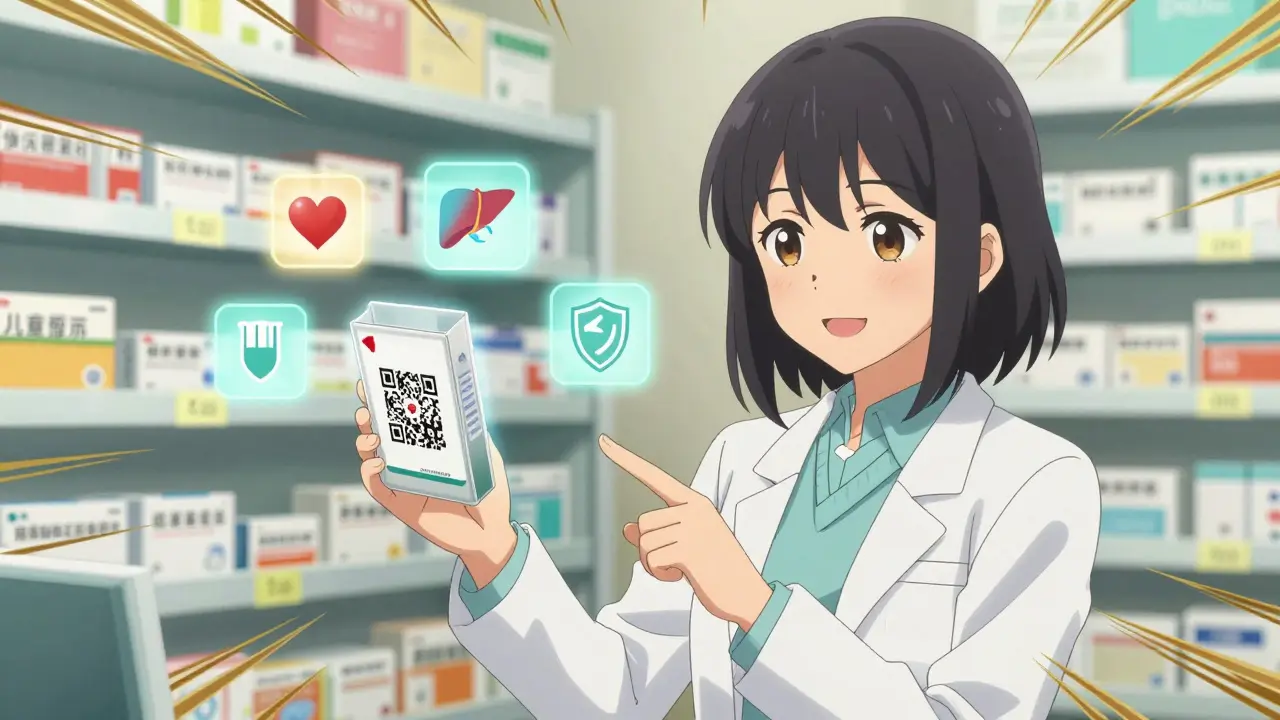 A pharmacist shows a QR code that projects a dosage tutorial, with safety icons floating around.