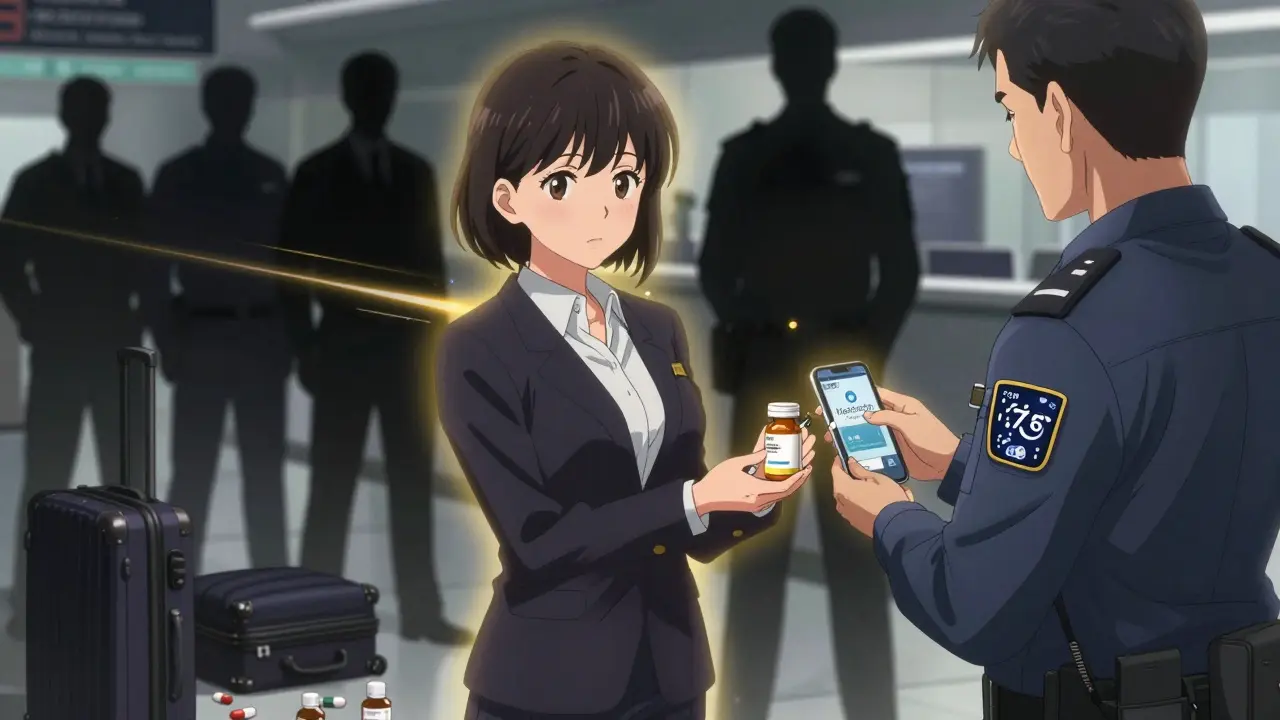 A traveler calmly presents prescription bottles to a TSA agent at an airport, with shadowy confiscated pills in the background.