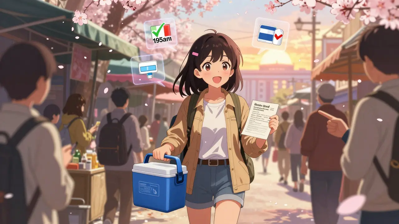 A traveler walks through a foreign market with a cooling pack and doctor’s note, surrounded by friendly locals and legal compliance icons.