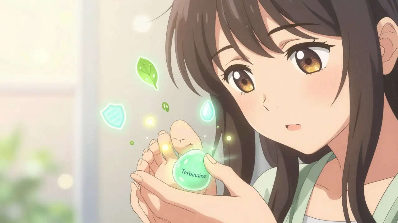 A woman applying antifungal cream to her foot, glowing fungi dissolving into light, healing symbols floating nearby.